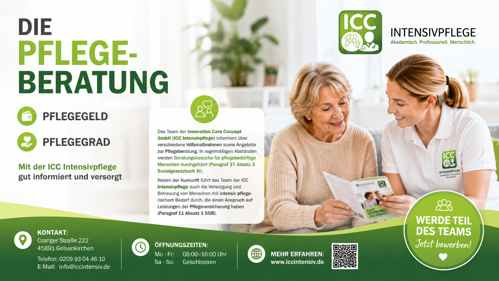 Pflegeberatung der ICC Intensivpflege im persönlichen Gespräch mit einer Angehörigen in Gelsenkirchen.